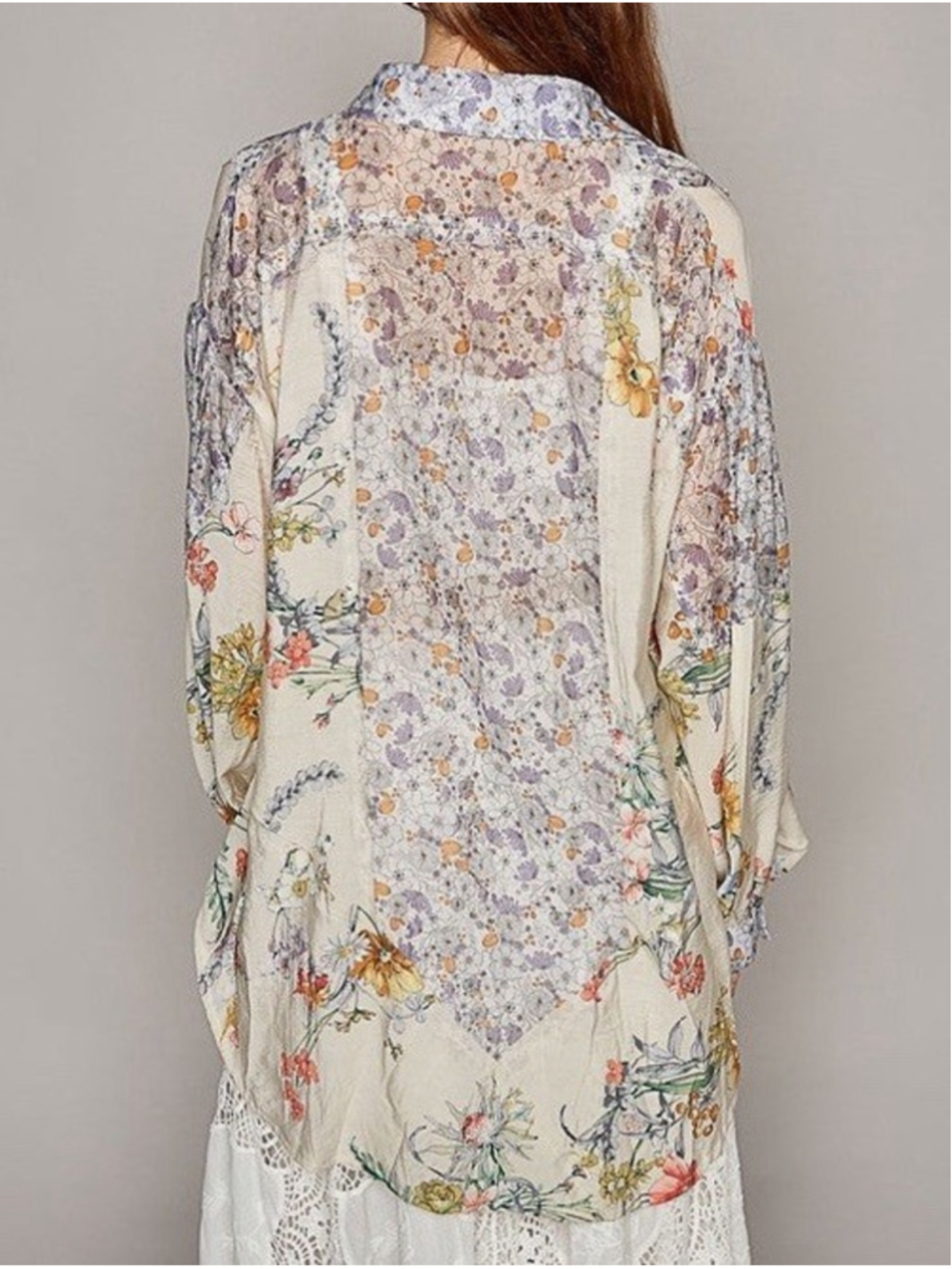 POL Floral Button Down Blouse M/L Boho Patchwork Shirt Lightweight Sheer Hi-Low - Picture 4 of 8